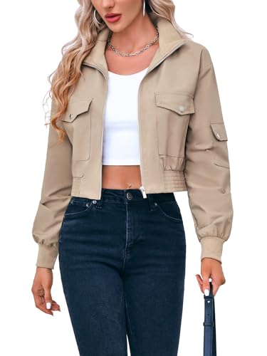 Fisoew Women's Cropped Bomber Jackets Lightweight Zip Up Stand Collar Long Sleeve Short Jacket with Pockets