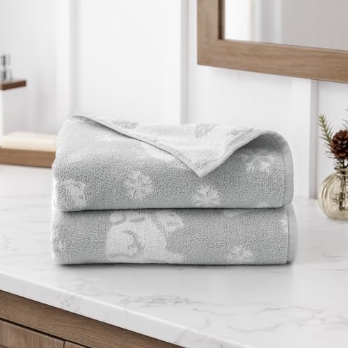 Martha Stewart Arctic Bears and Snowflake Holiday Jacquard 525 GSM 100% Cotton BathTowels - Set of 2, Gray/White, 2 Reversible Christmas BathTowels (Pandas with Scarf)