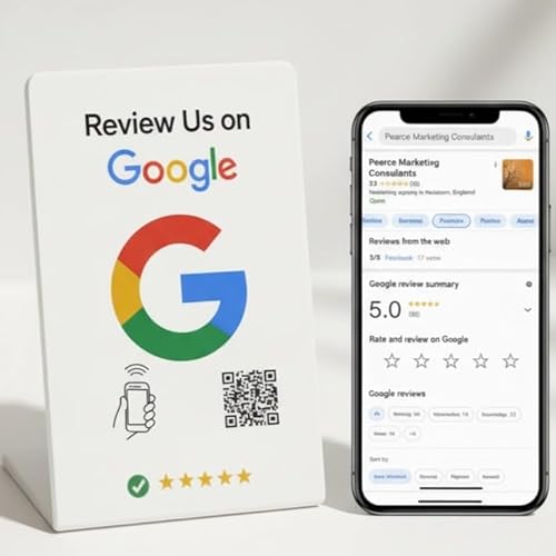 TAPro NFC Tap Google Review Stand - Boost Customer Feedback with Tap & Scan QR - No App, No Subscription - Works on iPhone & Android (White 5"x 3")