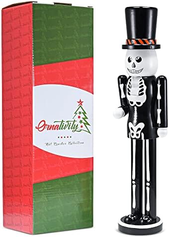 41sqLRCidML._AC_ Ornativity Christmas Scary Skeleton Nutcracker, Black and White Wooden Day of the Dead Skeleton Nutcracker Man with Cylinder Hat Xmas and Halloween Theme Holiday Nutcracker Doll Figure Decorations