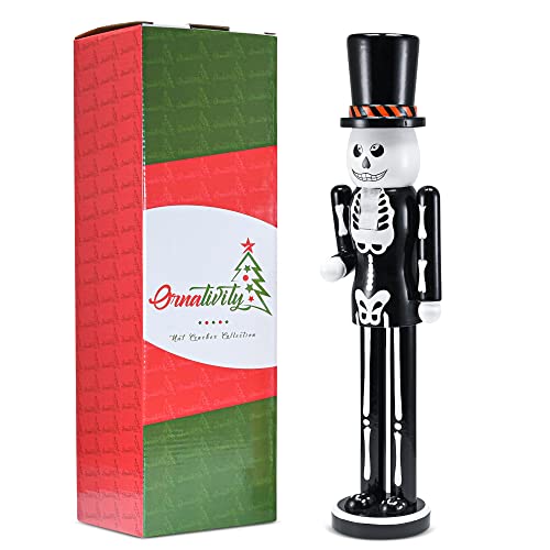 Ornativity Christmas Scary Skeleton Nutcracker – Black and White Wooden Day of The Dead Skeletal Nutcracker Man with Top Hat Xmas and Halloween Themed Holiday Nut Cracker Figure Decorations 15\"