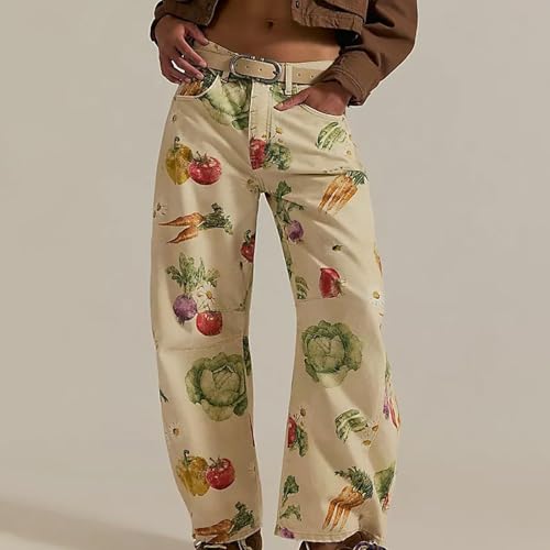 Women's Baggy Boyfriend Barrel Jeans Y2k Floral Print Mid Rise Wide Leg Denim Patchwork Pants Barrel Leg Sweatpants Women2