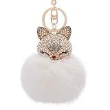 Genuine Rabbit Fur Ball Pom Pom Keychain with Alloy Fox Head Inlay Pearl Rhinestone for Women Backpack Car Key Pendant Decoration (white)