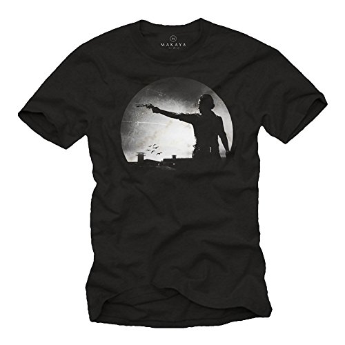 Camiseta Hombre Manga Corta Estampada   Rick Walking Dead Zombie Hunter Negra L