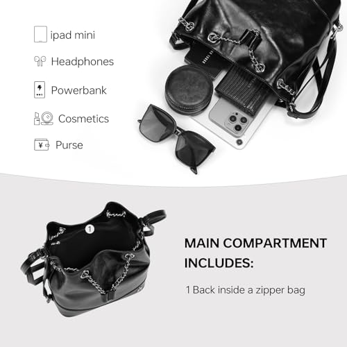 LA FESTIN Leather Purses for Women Cute Backpack Lightweight Shoulder Small Trendy Bucket Handbags with Strap Silver Chain (Black)4