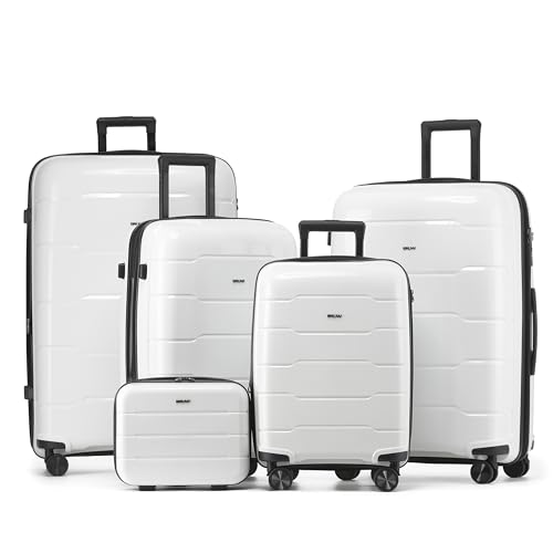 CRUW 5-Piece Luggage Set Expandable Polypropylene Suitcase Set TSA Locks 8 Silent Spinner Wheels Lightweight Nested Suitcases Travel Set easyJet British Airways Jet2 Airline-Approved Carry-On White