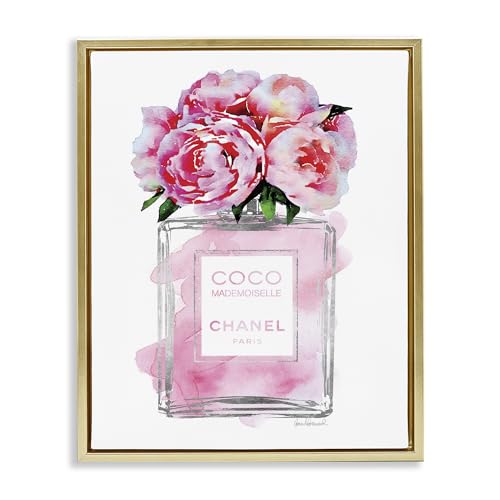 Image of 'Glam Perfume Bottle with Roses'| Floating Frame Canvas Art | Stupell Industries | Gold, 17 x 21 Inches, Easy to Hang and Sturdy, Made in USA, by Amanda Greenwood