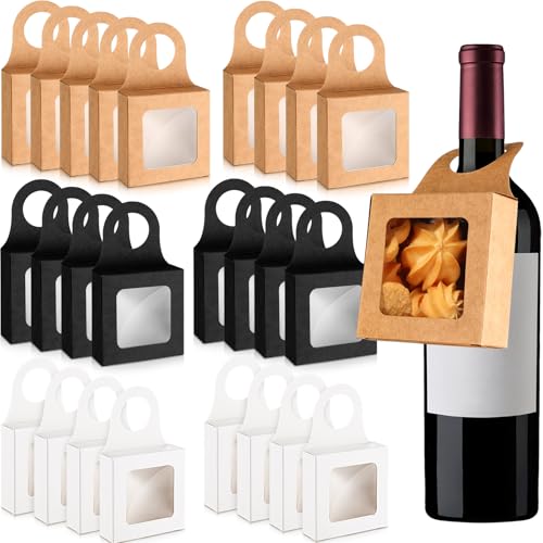 Crtiin 25 Count Kraft Paper Wine Bottle Boxes Small Hanging Gift Boxes with Window for Empty Wine Bottles, Decoration and Gifts(3.5 x 3.5 x 1.2 Inches,Multicolor)