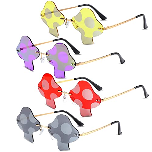 Oudain 4 Pair Mushroom Shape Sunglasses Funny Rimless Eyewear Retro Irregular Glasses Metal Spring Summer Mardi Gras Prom Party Sun Glasses for Men Women