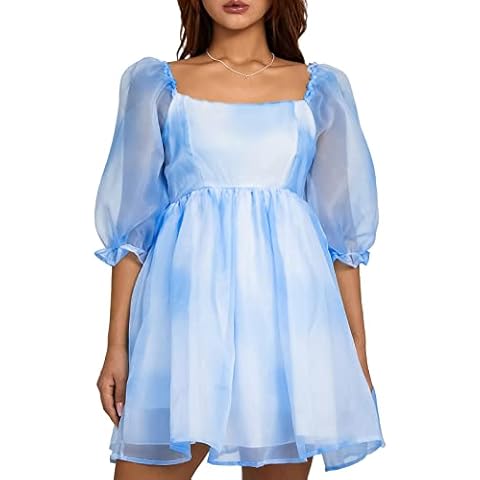 AvoDovA Women's Y2K Summer Square Collar Big Hem Dress 2023 Short Puff Sleeve A Line Short Dress (Blue, L) Cover