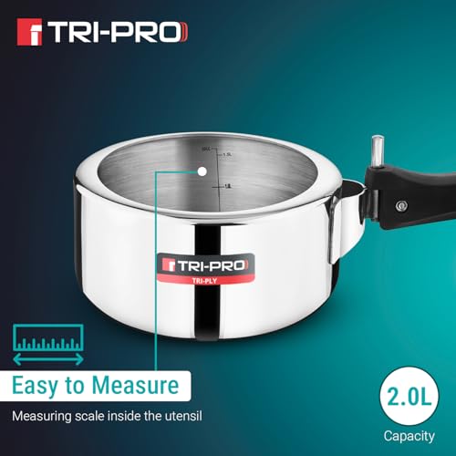Image of Tripro Triply Stainless Steel Inner Lid Pressure Cooker, 2 Litres Pressure Cooker, Even Heat Distribution, Bakelite Sturdy Handle, Healthy Cooking, Easy to Clean - Induction and Gas Stove Ready
