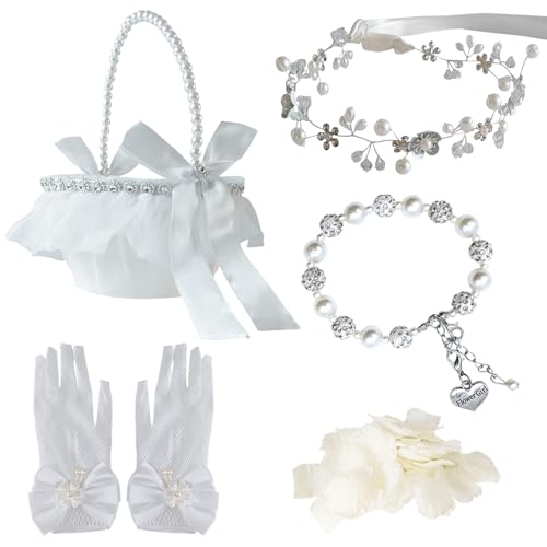 FEXICHUJI 5 Pcs Flower Girl Basket Wedding Set Flower Girl Jewellery Kit Accessories with Headband Bracelet Gloves Basket and Ivory Petals