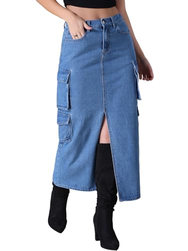 Women's Long Denim Skirt with Slit Elastic Waist Cargo Denim Maxi Skirts