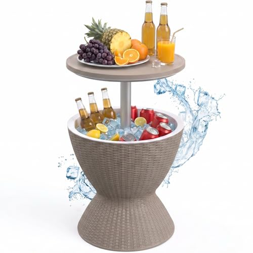 EFU Cooler Table, 8 Gallon Cooler Bar Table, Adjustable Height Multi-Functional Outdoor Cool Bar for Drinks Beer & Wine, with Drain Plug, Patio Furniture for Backyard, Pool, BBQ & Party (Light Brown)