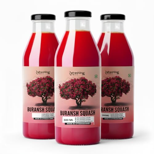 Image of REFRESHING ROOTS Uttarakhand Premium Buransh (Rhododendron) Squash, 900 ML Glass Bottle | Cold Pressed | Natural Health Drink | Added Honey | No Artificial Flavors | Rich in Antioxidants | Glass Bottle (300 ML * 3)