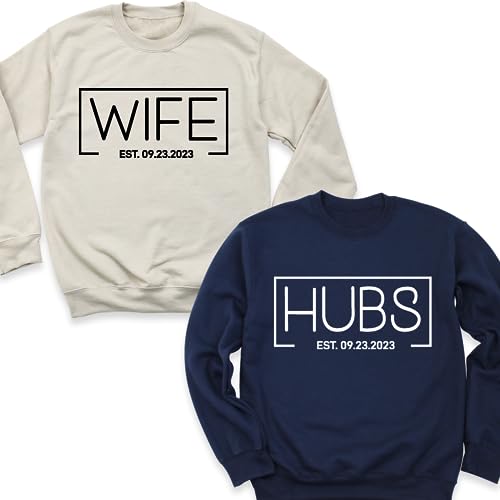 Custom Wife Hubs Sweatshirt, Couples Mr Mrs Sweatshirts, Hubby Wifey Honeymoon Shirts, Personalized Wedding Sweatshirt, Honeymoon Hoodie, Engagement Gift Sweatshirt, Fiancee Gift Tee