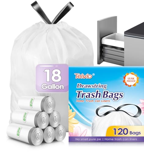 Teivio 18 Gallon 120 Counts Drawstring Trash Bags (fit 16-18 Gal) Large Strong Tall Kitchen Garbage Bags for Home/Office/Light Residential Waste/Outdoor Trash Can, White Lawn Bag