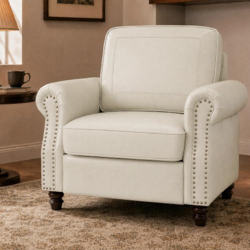 Image of Kingfun Faux Leather Accent Chair with Rolled Arms,Cream
