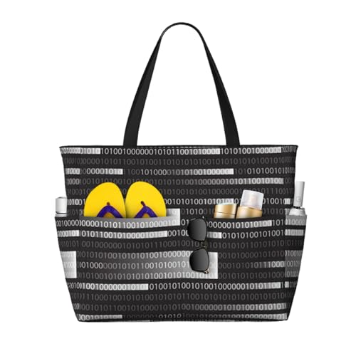 Sac de plage noir pour femme : grand sac à bandoulière imprimé code de programmation informatique