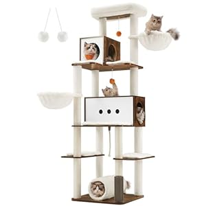 Feandrea Cat Tree, 77.5-Inch Tall Modern Cat Tower for Large Indoor Cats, Multi-Level Cat Condo with 2 Caves, 2 Hammocks, 4 Scratching Posts, Self-Groomer, Tunnel, Perch, Rustic Brown UPCT193X01