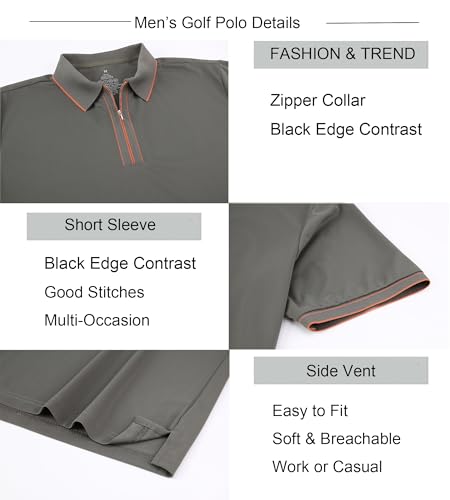 Alex Vando Mens Zipper Golf Shirt Moisture Wicking Zip Up Solid Fashion Polo Shirts