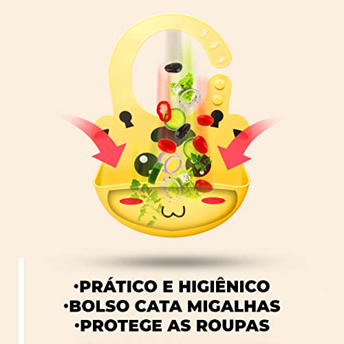 Babador Para Bebê De Silicone Não Machuca Com Bolso Coletor De Pega Migalhas Impermeável Estampa De