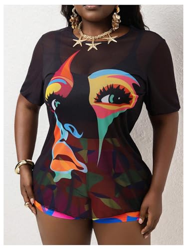 Women's 3 Piece Plus Size Swimsuit Tankini Shorts Set High Waisted Bathing Suit Graphic Beachwear with Mesh Cover Up3