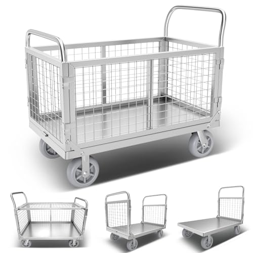 Platform Truck Cart with Cage, Multipurpose 6 in1 Foldable Flatbed Cart Heavy Duty Push Cart Dolly W/Swivel Wheels 2000lbs Capacity Utility Hand Cart for Grocery/Laundry/Stall/Storage