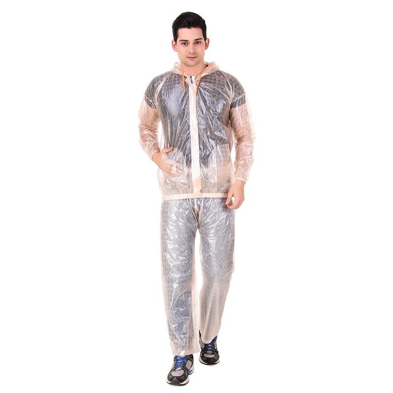 Men's PVC Rainsuit with Hoods and Side Pocket, 100% Waterproof Portable Rainwear (Orange)