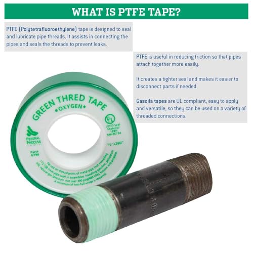 Image of Gasoila Green PTFE Thread Seal Tape - Professional-Grade, 1 /2 Inch x 260 Inch, High-Density Thread Tape for Oxygen Lines - Leak-Proof Seal, Non-Toxic, 24 Pack