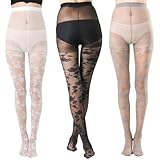 Generic 3 Pairs Premium Fashion Flower Pattern Tights for Women with Designs Sheer Colorful Pantyhose Stockings Package (One Size,White Black Grey)