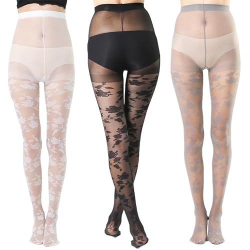 Generic 3 Pairs Premium Fashion Flower Pattern Tights for Women with Designs Sheer Colorful Pantyhose Stockings Package (One Size,White Black Grey)