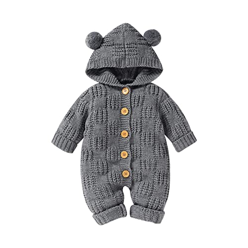 mimixiong Newborn Baby Knitted Romper Cartoon Bear Hooded Jumpsuit Grey 6-12 Months