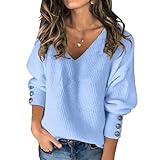 Suéter de Punto Ligero de Manga Larga con Cuello en V para Mujer, Jersey con Botones, Color Azul Cielo, Talla pequeña