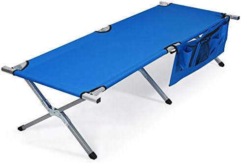 Goplus Folding Camping Cot, Heavy-Duty Foldable Bed for Adults Kids W/Carry Bag, Side Pockets, 450 lbs (Max Load), Outdoor Portable Sleeping Cot for Traveling (Blue)