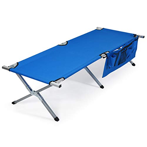 Goplus Folding Camping Cot, Heavy-Duty Foldable Bed For Adults Kids W/Carry Bag, Side Pockets, 450 Lbs (Max Load), Outdoor Portable Sleeping Cot For Traveling (Blue) #TOP25