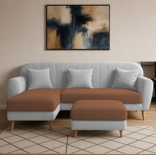 Image of Atticus LHS 4 Seater L Shape Sofa Set with Ottoman for Living Room (Brown Grey Fabric) Premium Fabric Sofa Set