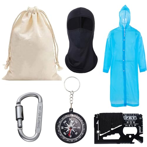 Wanderer Wundertüte Wanderzubehör, 6 Stück Wandern Zubehör, Enthalten Kompass, Karabinerhaken, Seilrettungskarte, Mehrweg-Regenmantel, Sonnenschutzmaske und Aufbewahrungstasche, für Outdoor