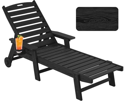 Image of Patio Chaise Lounge Chair Outdoor with Wheels, Oversize Patio Lounge Chairs with Wood Texture, HDPE 6-Position Plastic Lounge Chairs for Poolside, Patio, Deck, Beach,Black