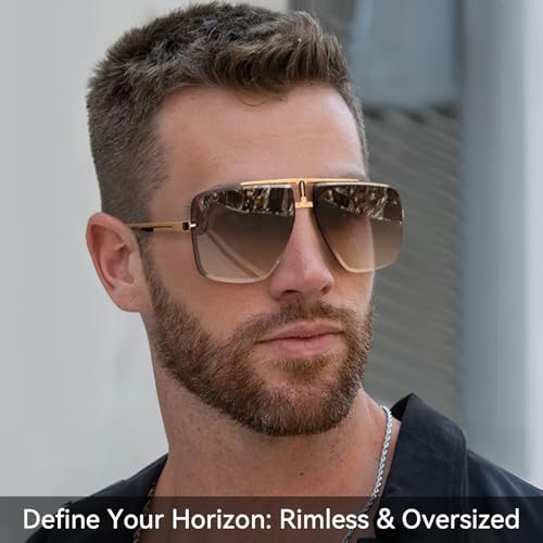 Rimless Oversized Square Sunglasses for Men Trendy Fashion Big Shades Tinted Lens Gold Metal Frameless Glasses UV4004