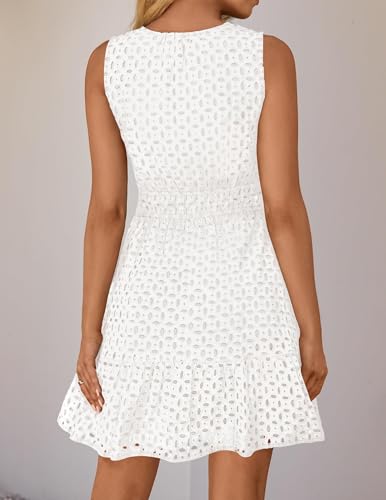 ZESICA Women's Summer Sleeveless Mini Dress V Neck Hollow Out Eyelet High Waist A Line Swing Short Party Dresses4