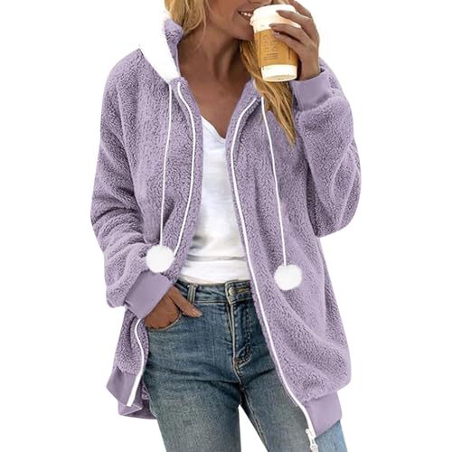 Womens Fleece Jacket Winter Warm Oversized Shaggy Sherpa Coats Plus Size Long Sleeve Zip Up Soft Hooded Outerwear2