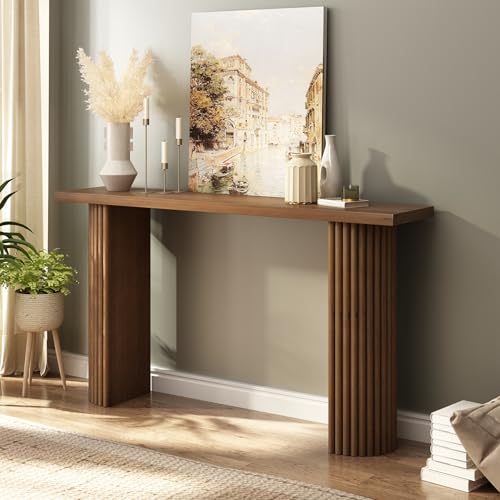 Image of Fluted Solid Wood Console Table - 55 Inches Mid Century Modern Foyer Table, Entryway Hallway Minimalist Sofa Table, Half Round Legs