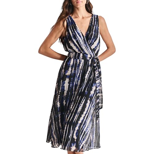 DKNY Women's Sleeveless Surplice Neck Lined Midi Dress with Removable Belt