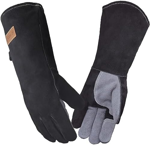 WZQH 40 CM Leder Grillhandschuhe,Feuerfest & Hitzebeständig,Grau-Schwarz,L | Geeignet für Schweißen, BBQ, Feuerwehr, Kamin, Ofen, Backen, Herd, Topfhalter und Tierbehandlung.große
