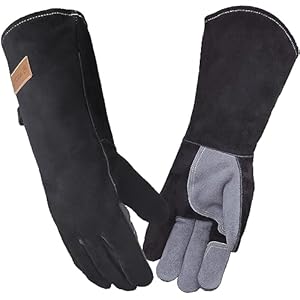 WZQH 40 CM, Leder Grillhandschuhe, Feuerfester Hitzebeständige Mitts für Schweißen, Feuerwehr, Kamin, Ofen, Backen, Herd, Topfhalter, Tierbehandlung. Grau-schwarzer Großer Feuerfest Handschuh