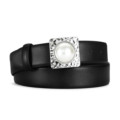 Black Belt with Square Buckle with Pearl Decorate Synthetic Leather Fashionable Waist Belt for Jeans