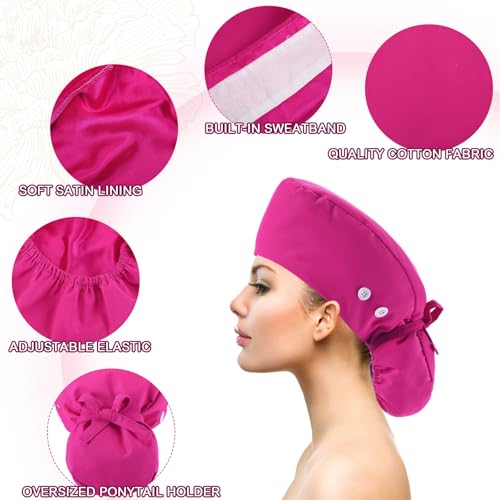 Image of 8 Pcs Satin Lined Scrub Caps, Nurse Hats with Buttons Sweatband, Adjustable Ponytail Surgical Caps for Women