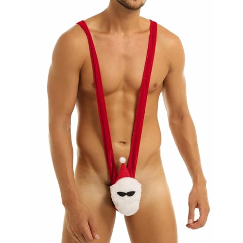 BIGFOX Men's Christmas Sexy V Underwear, Red Plush Bodysuit Mankini Santa Claus Funny Thong for Bedroom Outfit, Party