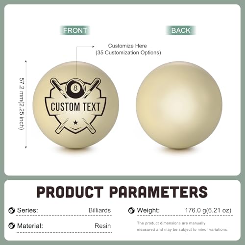 Personalized Billiard Ball – Custom Engraved Pool Ball with 35 Design Options, Resin Cue Ball with Custom Text, Monogram, Logo, or Name – Gift for Pool Players, Father’s Day, Weddings, Birthdays